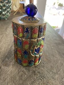 Vintage Tea Caddy Box Enameled Brass Lid With Blue Glass Knob Marked China