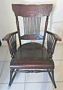 Antique Hand Carved Wood Rocking Chair North Wind Face 