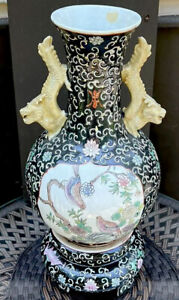 Chinese Vase Famille Noire Dragon Double Ear Symbols Birds Floral Matching Stand