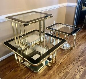 Vintage 80s Brass Glass Postmodern Hollywood Regency 3 Piece Table Set