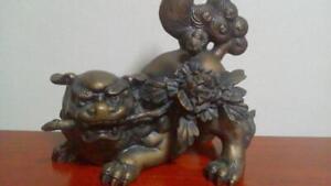 Shishi Lion Bronze Statue 9 8 Inch Engraving Japan Antique Figurine Figure Art