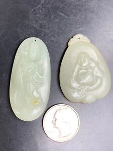 2x Chinese Nephrite Jade Plaques Pendants Quanyin Wiseman 37g