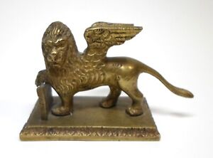 Antique Brass Lion Of Venice Figurine Winged Cat W Book Saint Mark Emblem 3 25 