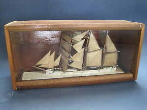 Vintage Large Handmade Model Schooner Ship Latvia In Wood Glass Case