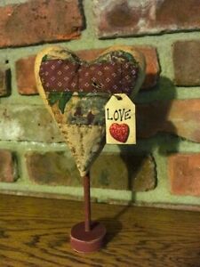 Primitive Ooak Folk Art Vintage Quilt Heart Shelf Sitter W Tag Rusty Pin