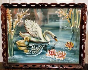 Mid Century Framed Art Print Swan Lake Fairy Tale Fantasy Water Lilies 37 X 30 