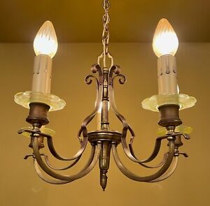 1920s Chandelier By Lightolier And Four Sconces Green Iridescent Glass Rings 