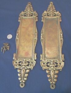 2 Rare Push Plates Antique Ornate Victorian Orig Ex Cond 1890 Solid Brass