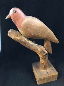 Early 20th C Pa Hand Carved Paint Decorated Folk Art Bird Branch Weighted Base