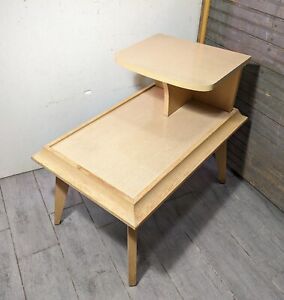 Vintage Mid Century Modern Atomic 2 Tier Blonde Formica Wood Step End Table
