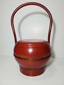 Antique Chinese Wood Fruit Rice Grain Storage Bucket Basket Red With Lid
