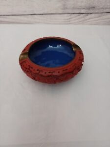 Cinnabar Ashtray Carved Brass Blue Enamel Lined Chinese Lacquer Ware 4 