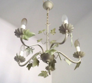 French Vintage 5 Light Cream And Green Ivy Leaf Toleware Chandelier 4760