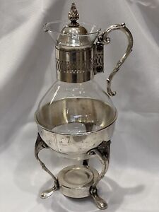 Vintage Corning Glass Pitcher Silverplated Stand Handle Coffee Warmer