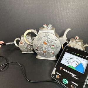Rare Chinese Pewter Verified Jade Agate Stones Serpentine Handle Teapot Set