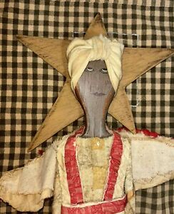 Antique Primitive Folk Art Angel Early Cloth Wood Rag Doll