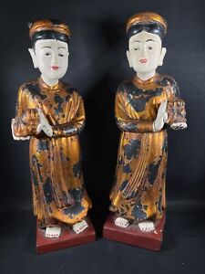 Pair Chinese Vintage Carved Wood Woman Statue Sculpture Gilt 4487