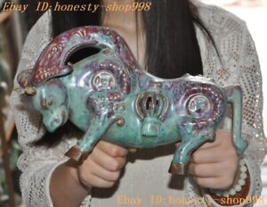 10 4 Ancient China Dynasty Jun Kiln Porcelain Ox Bull Bovine Palace Lamp Statue