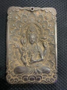 Huge Tibetan Old Wood Hand Carved Kwanyin Bodhisattva Plaque Pendant