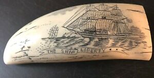  Ship Liberty Fine Details Historic Sperm Whale Tooth Scrimshaw Reproduction