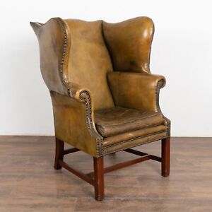 Vintage Olive Green Leather Wingback Armchair Denmark Circa 1960