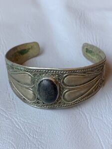 Ancient Silver Moroccan Berber Engraved Bracelet Antique Black Stone Vintage