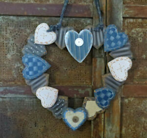 Country Primitive Blue White Heart Patchwork Wooden Quilt Button Wreath 15 