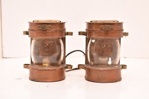 2 Electrified Brass Marine Lamp Nautical Ship Lantern Glass Vintage