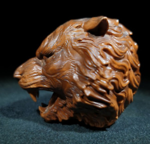 Rare Chinese Old Boxwood Wood Hand Carving Carved Tiger Head Statues Figure