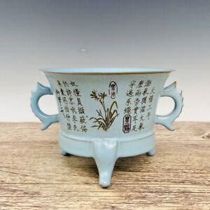 5 5 Antique Song Dynasty Porcelain Ru Kiln Gilt Poetry Double Ear Incense Burner