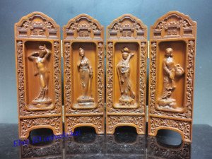Chinese Old Antique Boxwood Carve Double Open Box The Four Beauties Statue