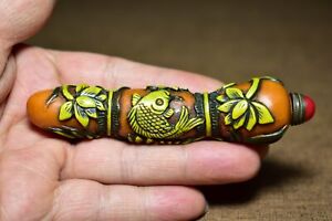 Antiques Chinese Colored Glaze Carved Lotus Fish Statues Exquisite Snuff Bottle