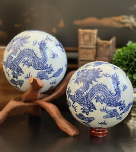 Gorgeous Large Blue White Chinoiserie Imperial Dragon Carpet Ball Sphere Pair 4 