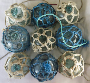 Japanese Glass Fishing Floats 3 Netted Lot 9 Blue White Nets Authentic Usa Bz