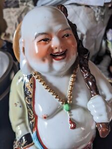Antique 1960s Porcelain Happy Buddha 11 5 Standing With Bag Chinese