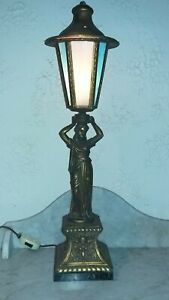 Large Figural Spelter Gilt Lamp Neoclassical Lady Cherubs Marble Base Slag Glass