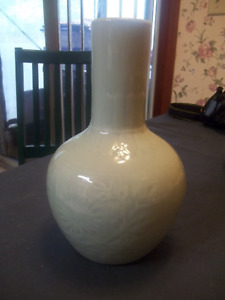 Large Chinese Celadon Glazed Vase With Chrysanthemum Relief 11 X 6 