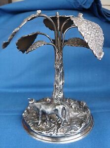 Antique Victorian Era Silver Plate Figural Cow Under Ginkgo Tree 5 Tall
