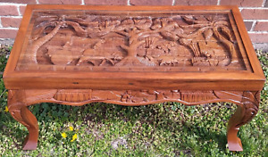 Hand Made Deep Relief Solid Teak Wood Asian Coffee Opium Table Glass Top Carve