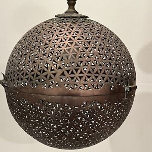 Copper Brass Moroccan Pierced Metal Orb Round Ceiling Light Fixture Pendant Vtg