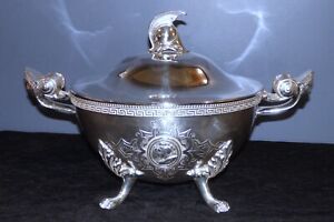 Antique 1860s Neo Grec Greek Key Medallion Silverplated Covered Soup Tureen Dish