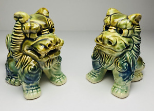 Chinese Foo Dogs Fu Lion Pair Blue Green 3 75 Tall Set Of 2 Ceramic Art Pottery