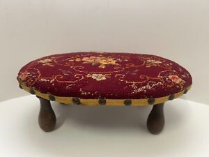 Antique Needlepoint Foot Stool Wood 13 5in X 10in Oval X 5in Tall Vintage