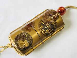 Y4615 Inrou Makie Pill Box Matt Finish Inside Japan Antique Kimono Accessory
