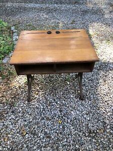 Antique Oak School Desk Table W Fine Ornate Cast Iron Adjustable Patent Legs