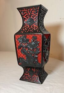 Antique Handmade Chinese Carved Black Red Lacquer Cinnabar Floral Vase Urn