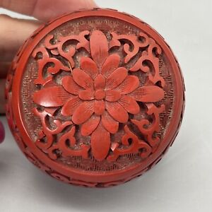 Chinese Cinnabar Red Lacquer Carved Flowers Round Trinket Box Asian Art