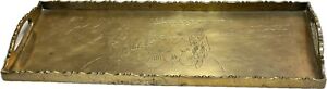 Antique Chinese Brass Serving Footed Tray Ornate Etching Rectangle 5x12 