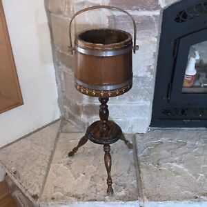 Vintage Wooden Barrel Planter Table 3 Leg Stand Mcm Rustic Farmhouse Ice Bucket