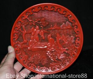 7 8 Marked Old China Red Lacquer Ware Palace Old People Play Chess Dish Plate